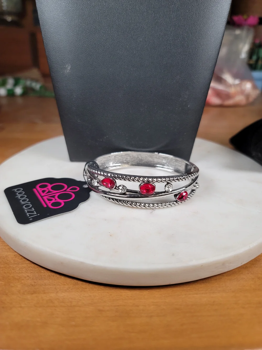 Paparazzi Red Crystal Multi-Row Silver Hinge Bangle Bracelet